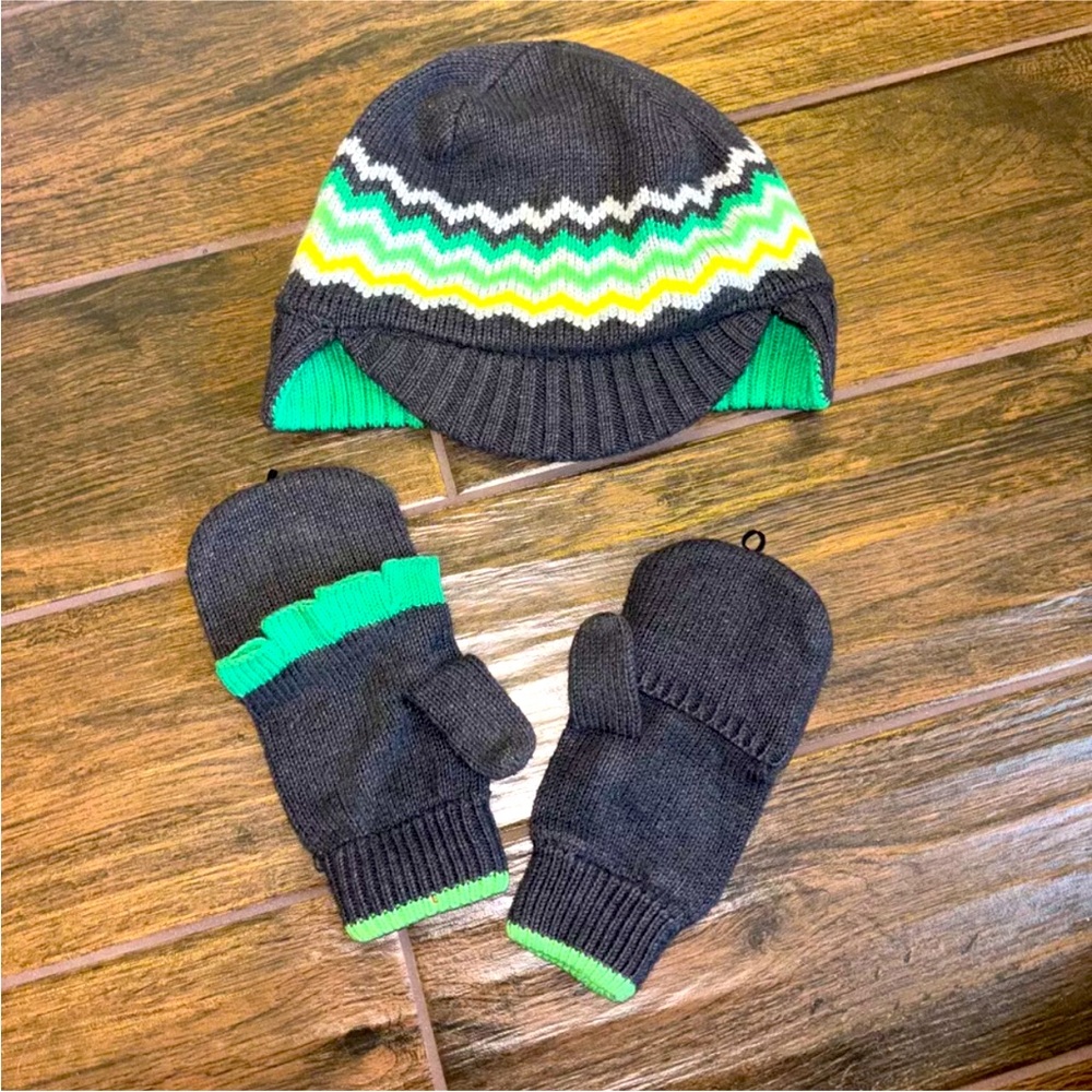 Gymboree Grey Green Stripe Sweater Knit Winter Hat Gloves 7 8 9 10